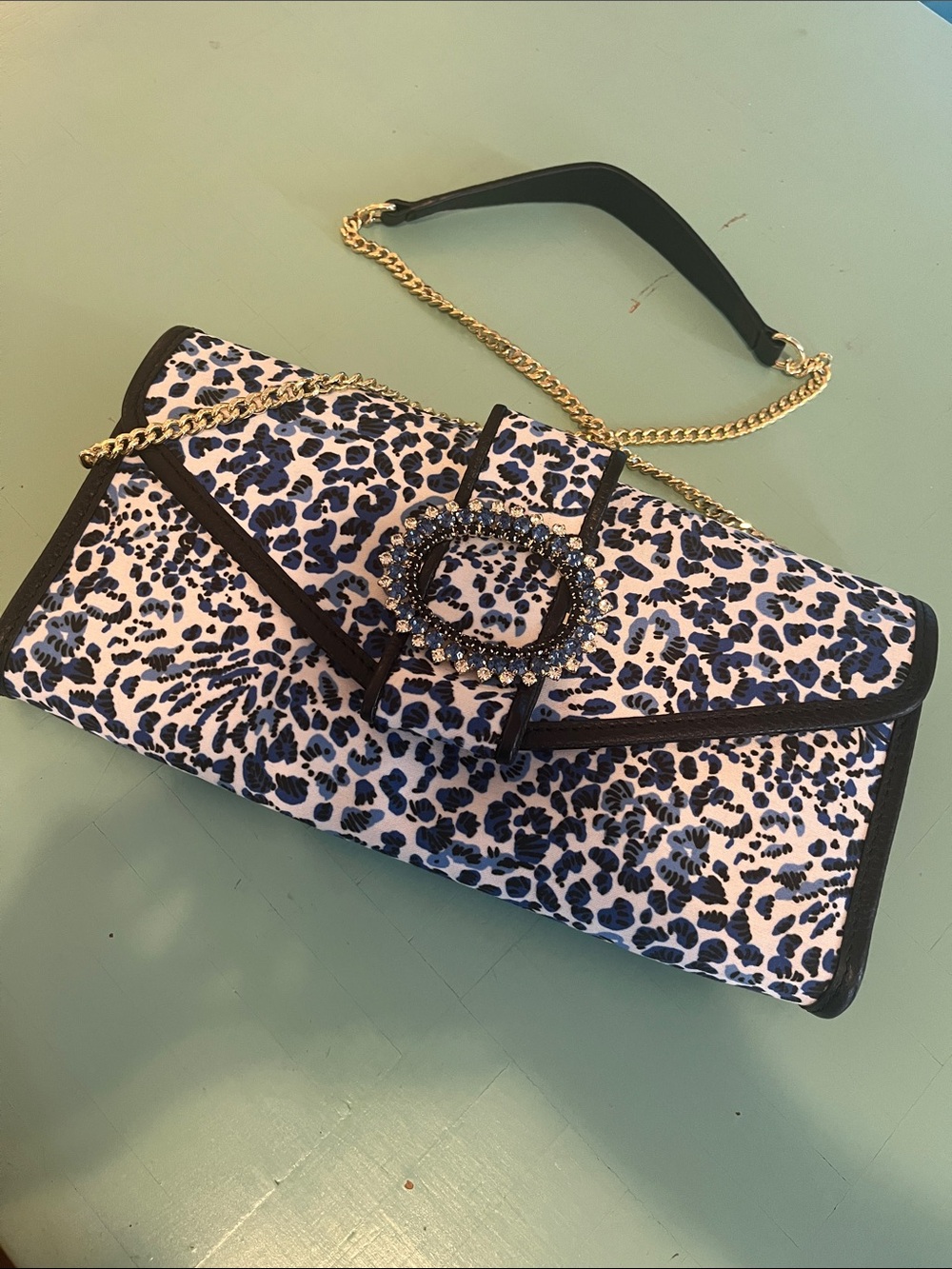 Lilly Pulitzer Black & White Leopard Print Jeweled Chain Clutch